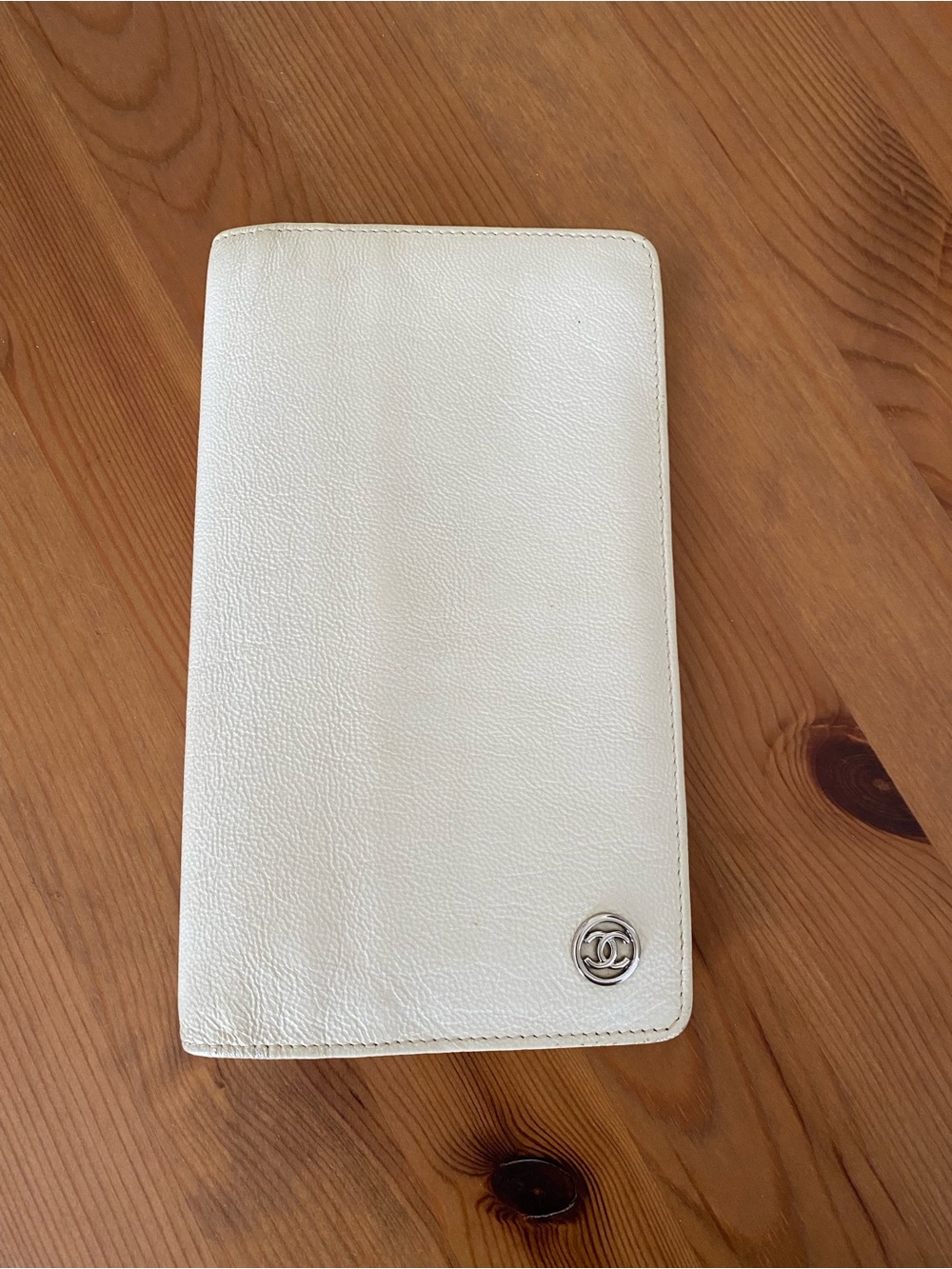 CHANEL Cream Leather Passport Wallet with Silver CC Emblem